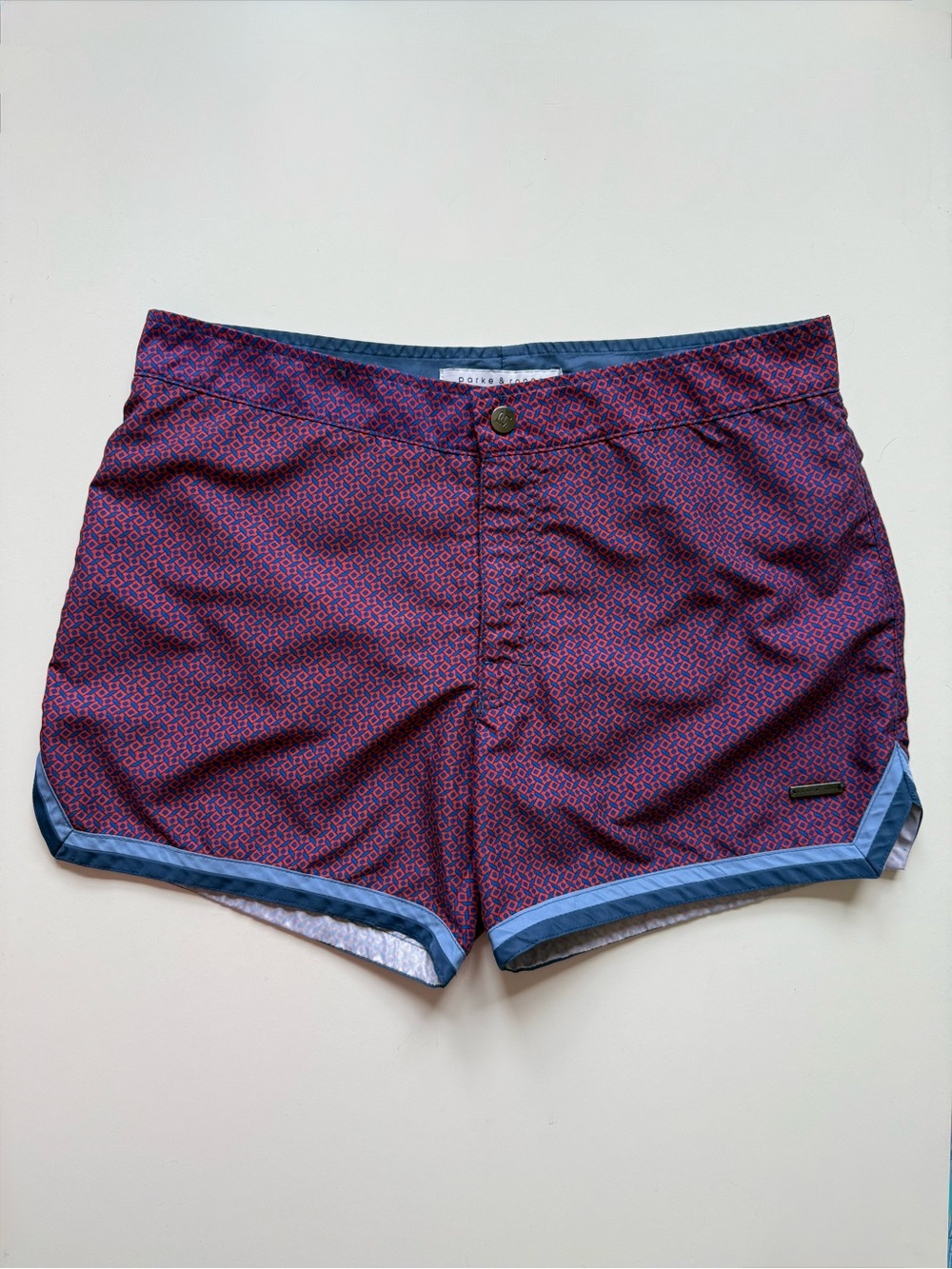 Parke & Ronen Mens Blue & Red Geometric Print Swim Trunks - Size 30
